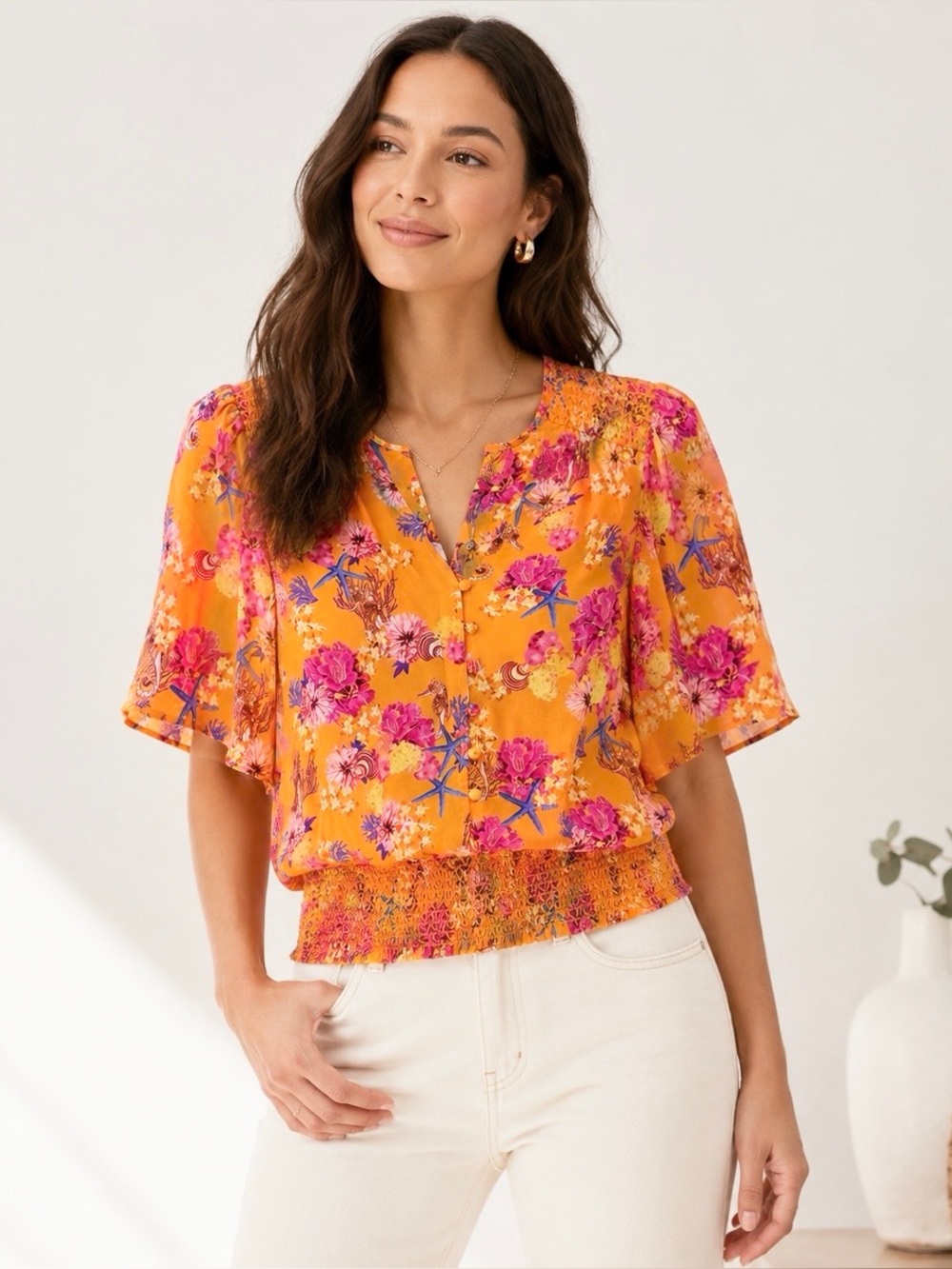 Hale Bob Orange Under-the-Sea Smocked Silk Blouse XS NWT